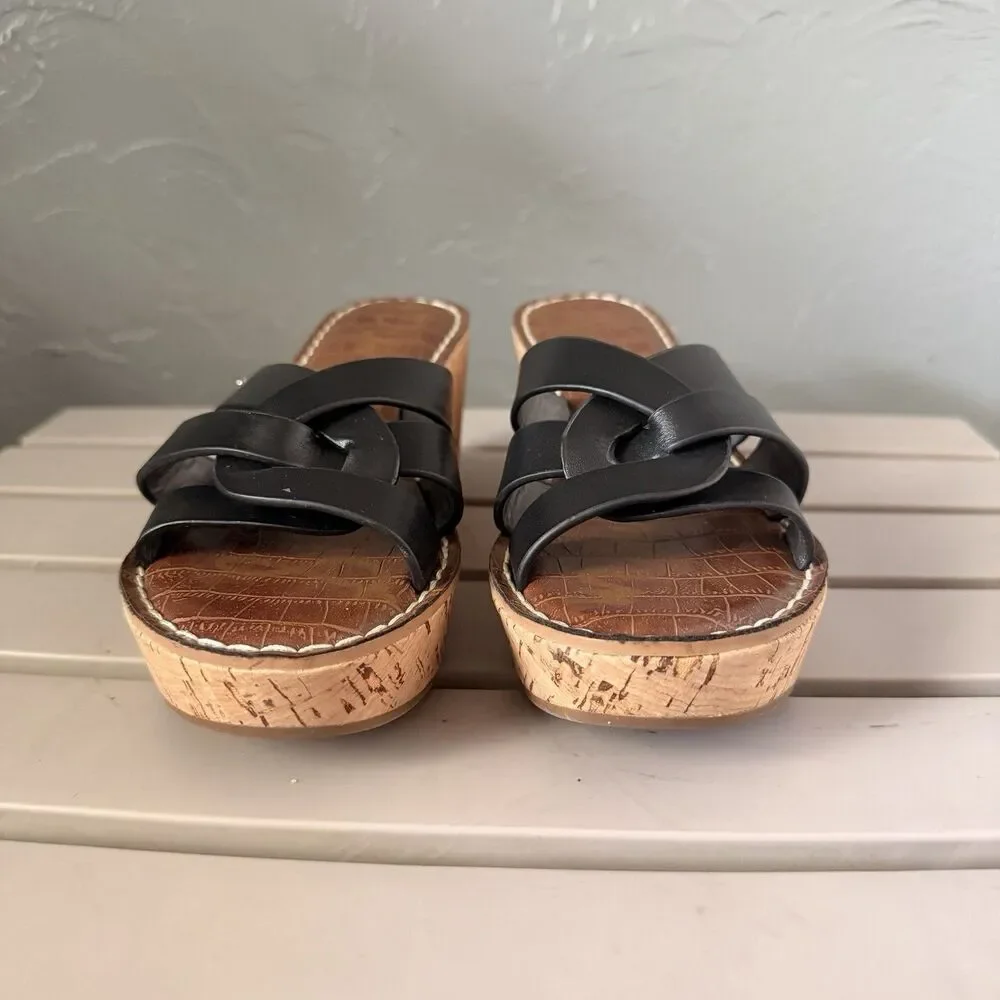 Sam Edelman Raynere Leather Cork Wedge  Platform Slide Sandals Black Women’s 6.5